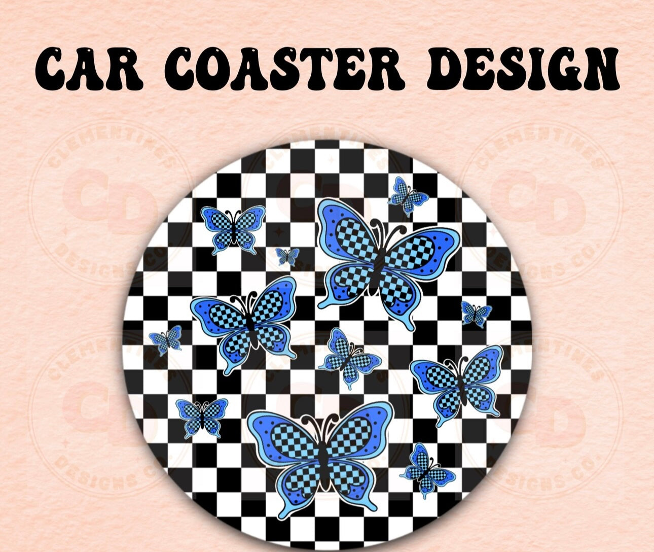 BLUE BUTTERFLY CHECKER CUP COASTER SET