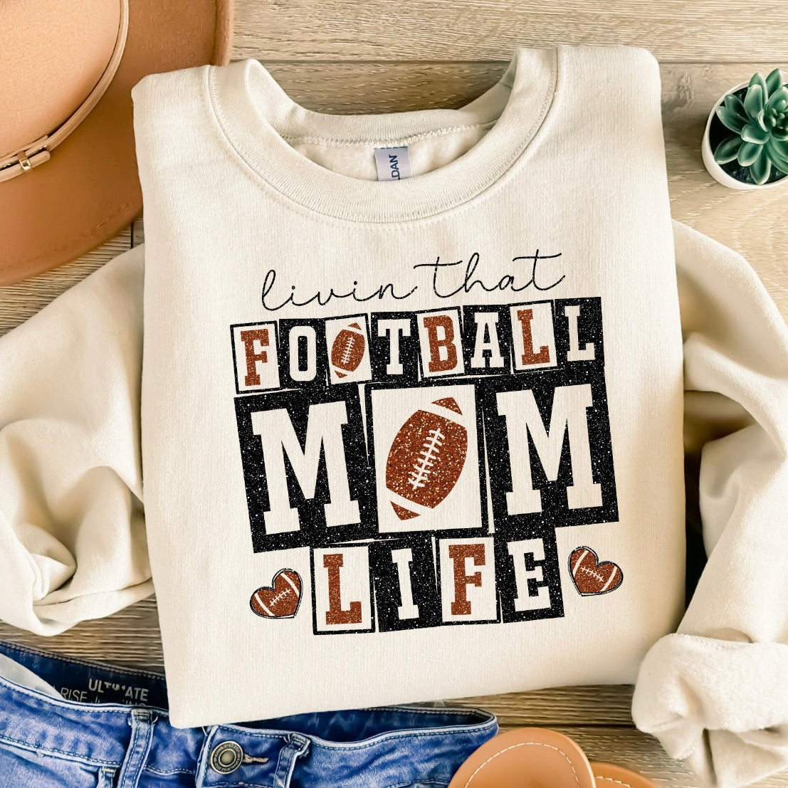 FOOTBALL MOM LIFE CREW OR TEE