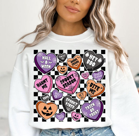 SPOOKY CHECKER HEARTS CREW OR TEE