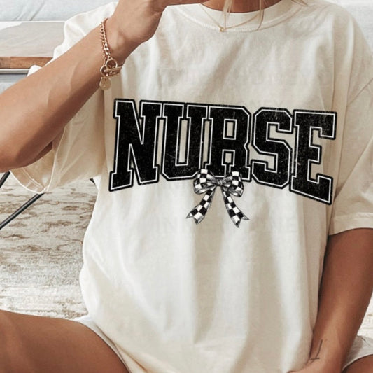 NURSE CHECKERED BOW TEE OR CREW