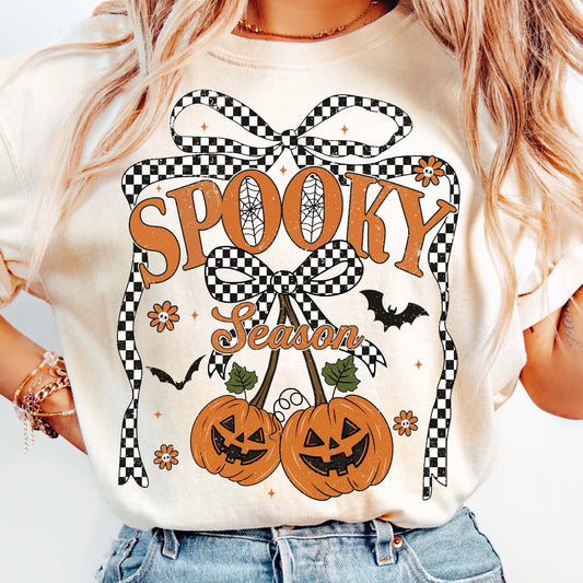 SPOOKY CHECKER BOWS TEE OR CREW