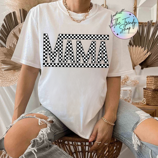 CHECKERED MAMA TEE OR CREW