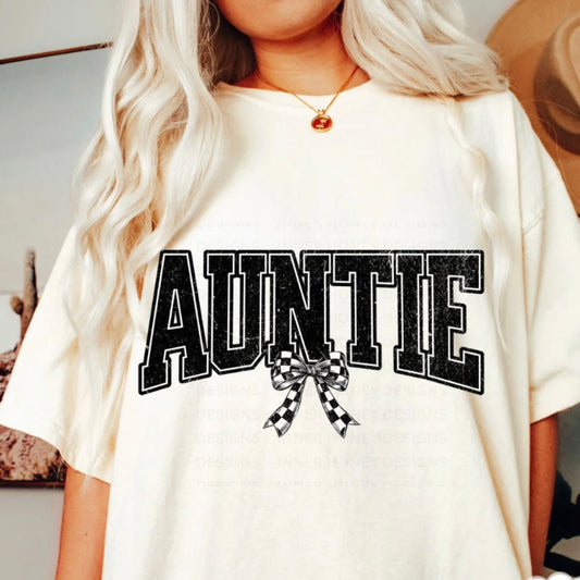 AUNTIE CHECKERED BOW TEE OR CREW