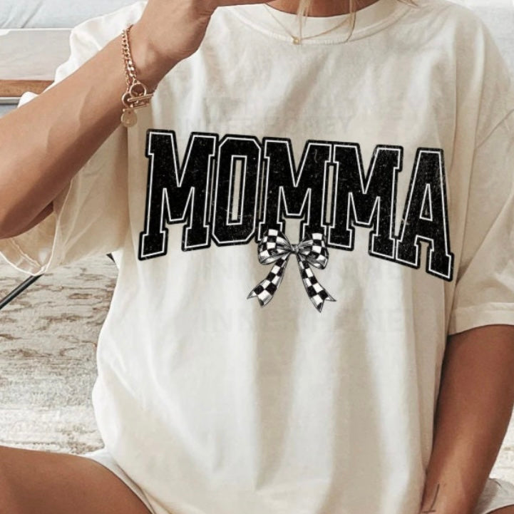 MOMMA CHECKERED BOW TEE OR CREW