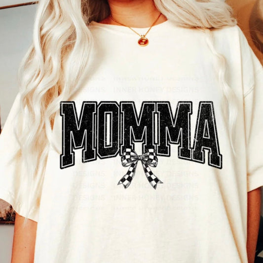 MOMMA CHECKERED BOW TEE OR CREW