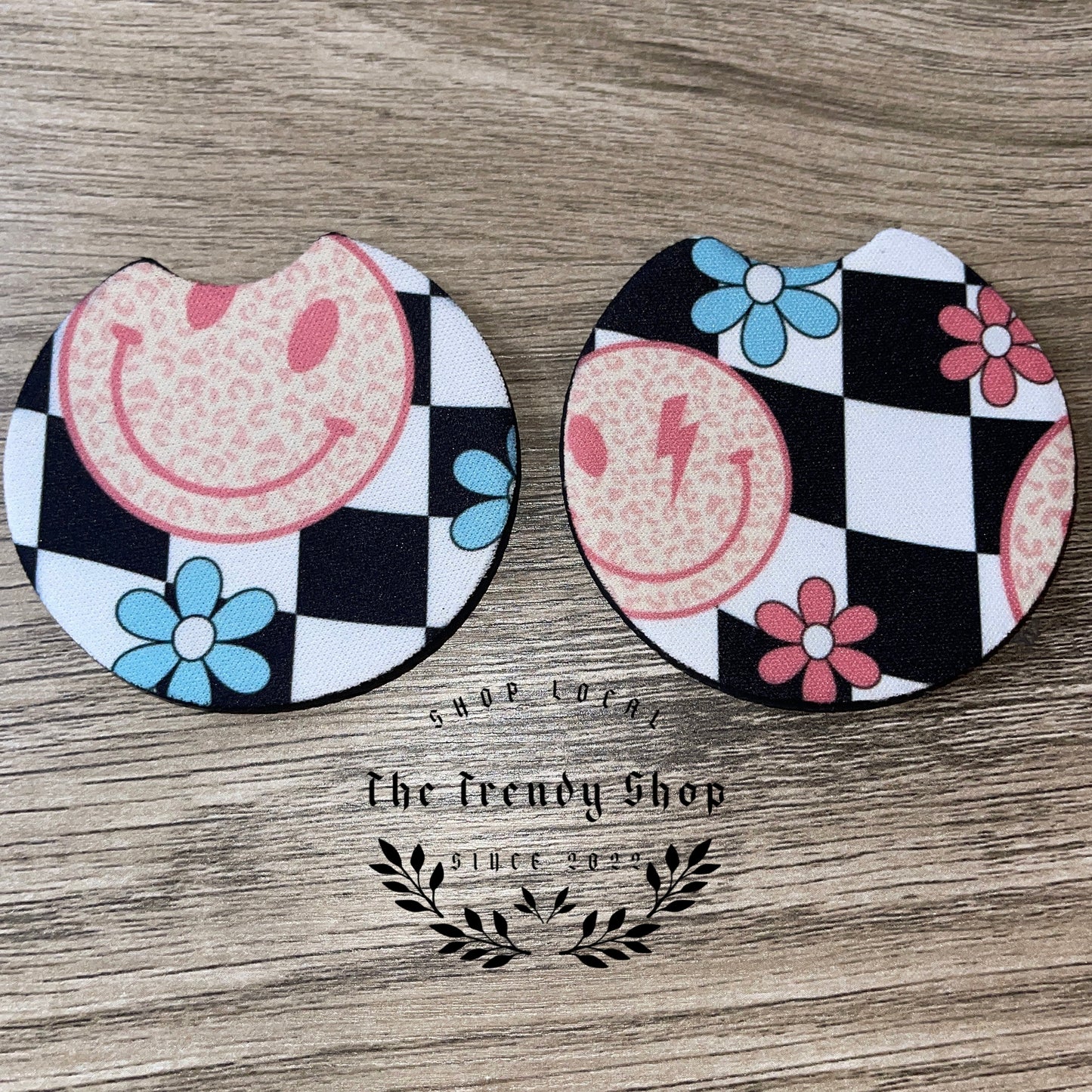 SMILEY CHECKERED FLOWER CUP COASTER SET